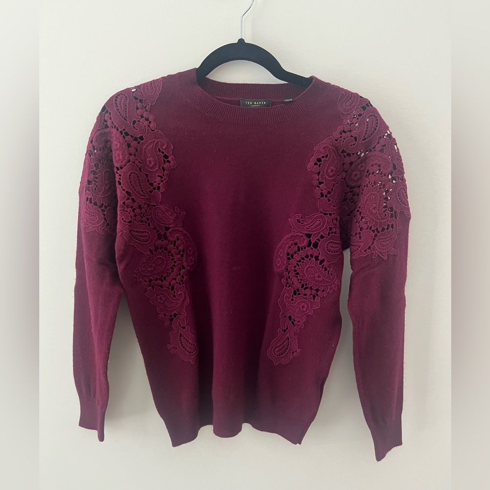 Ted Baker Tae Sweater - Scoop Neck Merino Wool Lace Knit Cut-Out